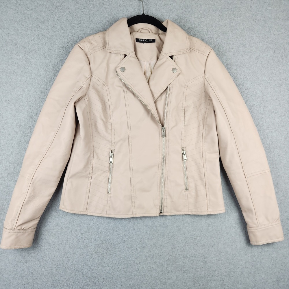 Baccini Moto Jacket Women Medium Cream Beige Faux‎ Leather Asymmetric Zip Biker